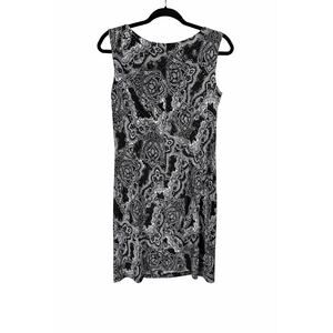 JBS Black White Paisley Sequin Ruffle Shift Dress Small Monochrome Chic Stretch